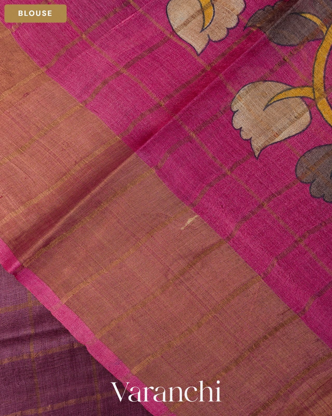Purple Checkered Pure Tussar Silk Handloom Saree — Blouse