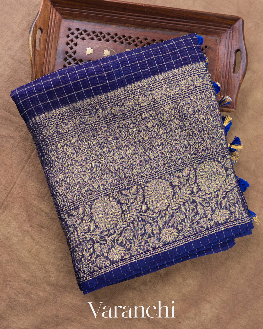 Navy Blue Checkered Pure Kora Silk Saree — Folded
