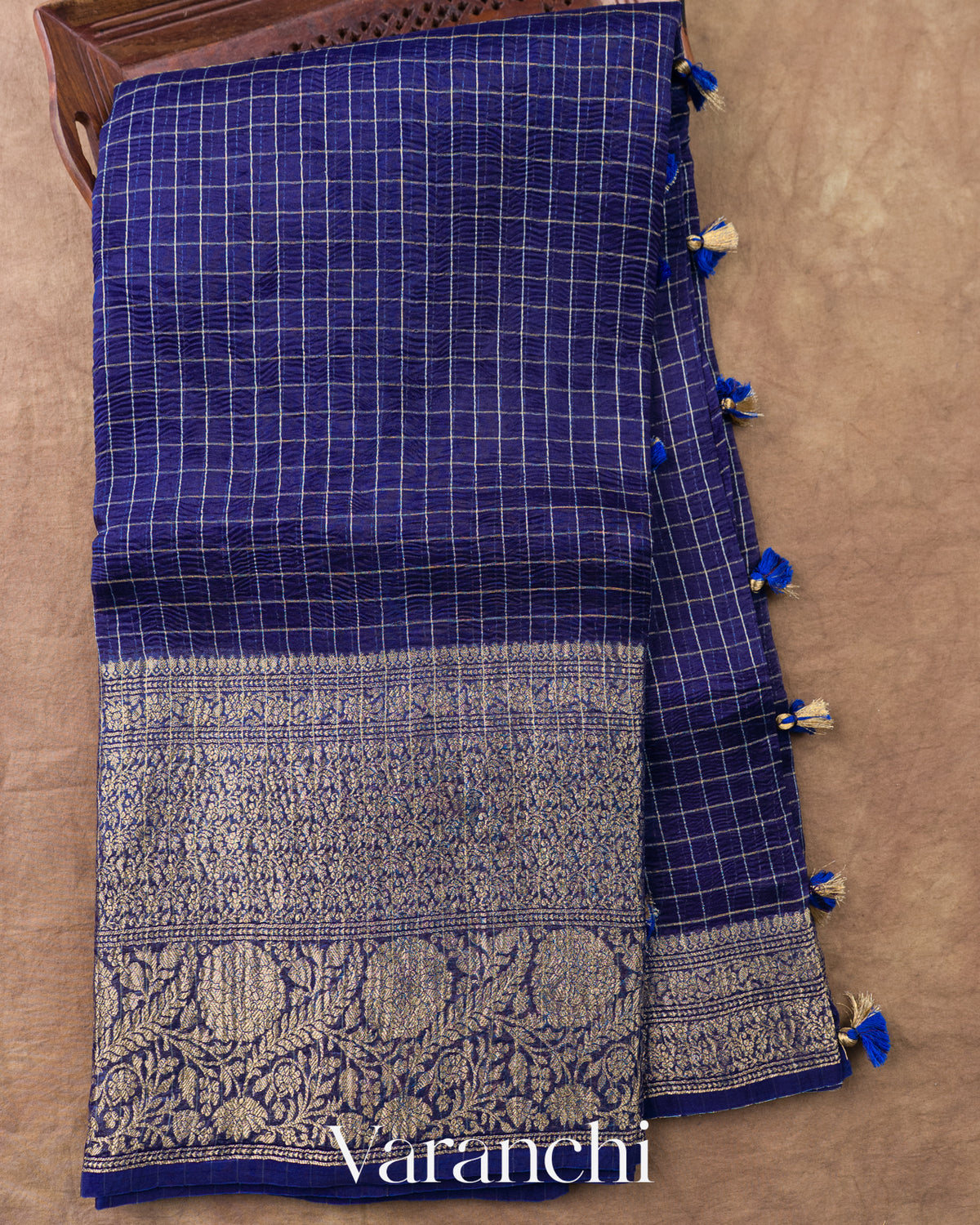 Navy Blue Checkered Pure Kora Silk Saree — Full Saree