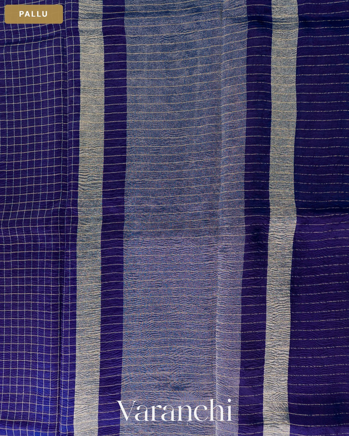 Navy Blue Checkered Pure Kora Silk Saree — Pallu
