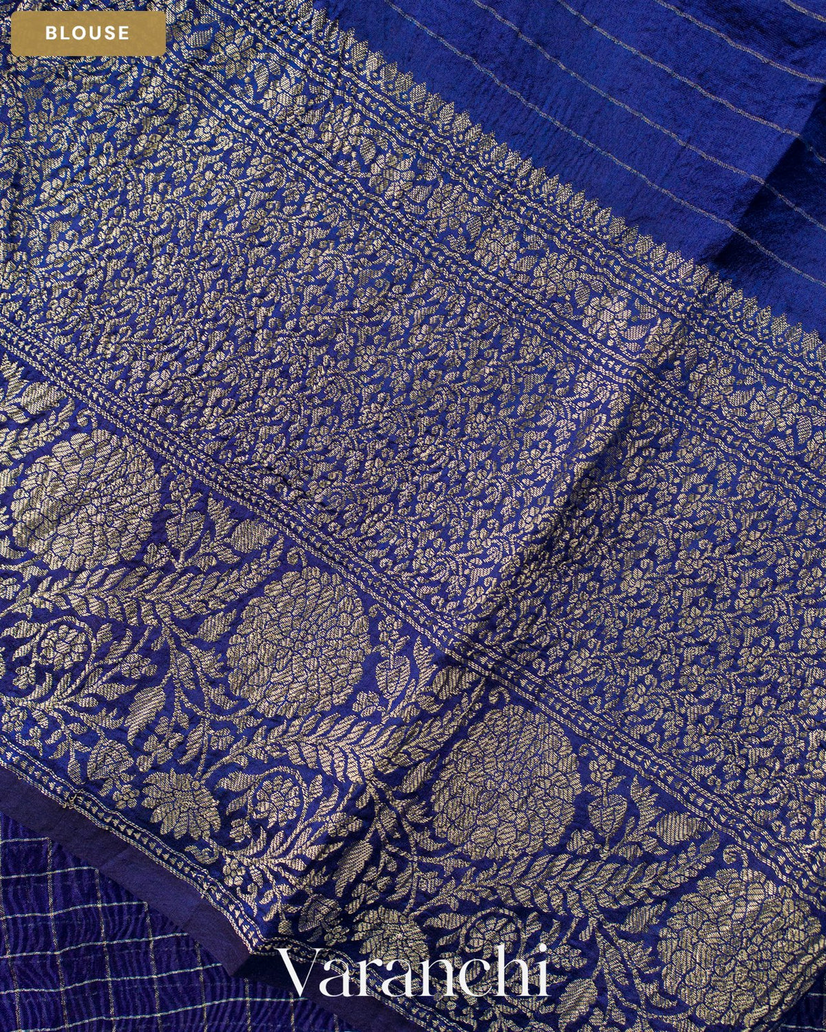 Navy Blue Checkered Pure Kora Silk Saree — Blouse