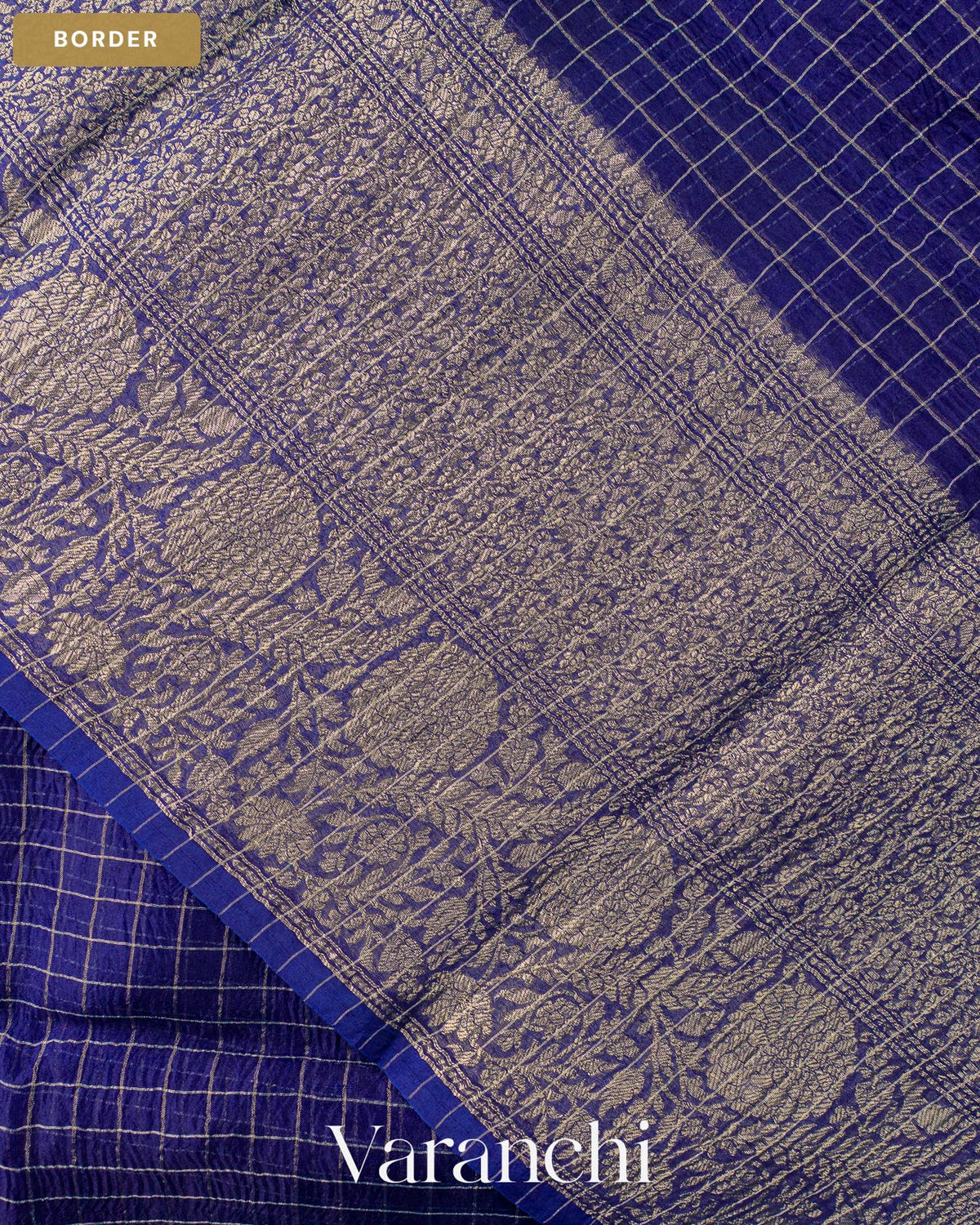 Navy Blue Checkered Pure Kora Silk Saree — Border