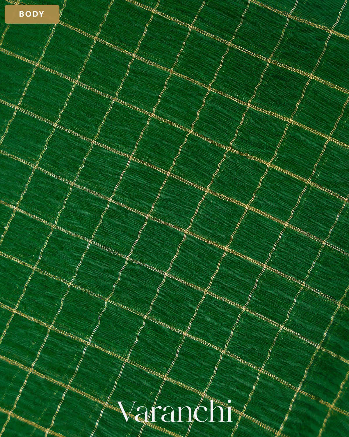Emerald Green Checkered Pure Kora Silk Saree — Body