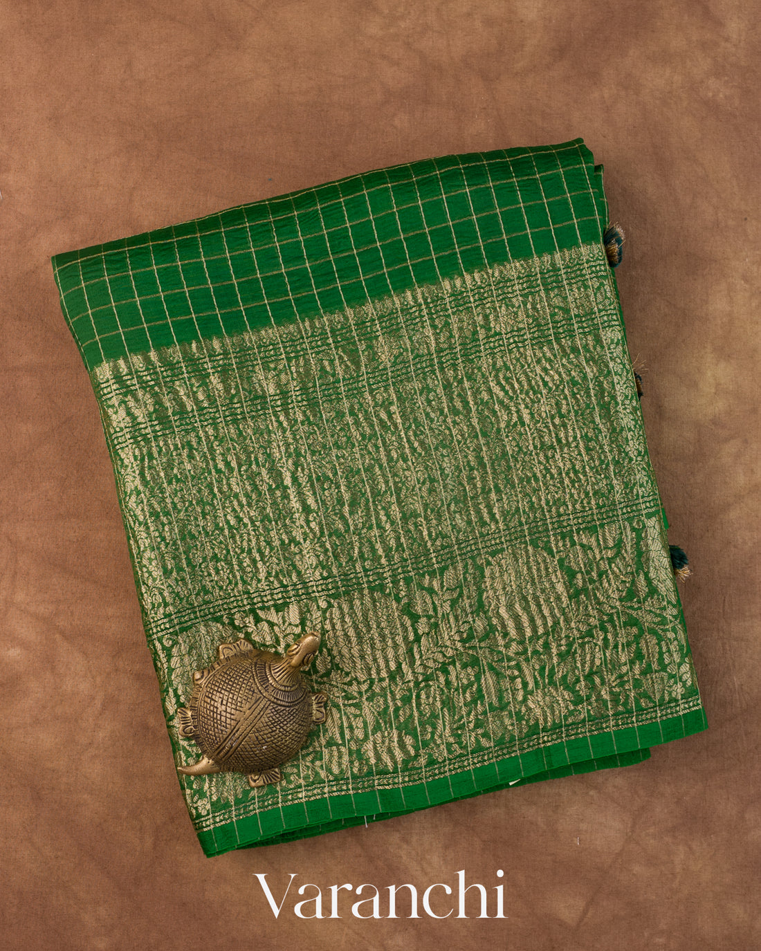 Emerald Green Checkered Pure Kora Silk Saree — Folded