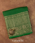 Emerald Green Checkered Pure Kora Silk Saree — Folded