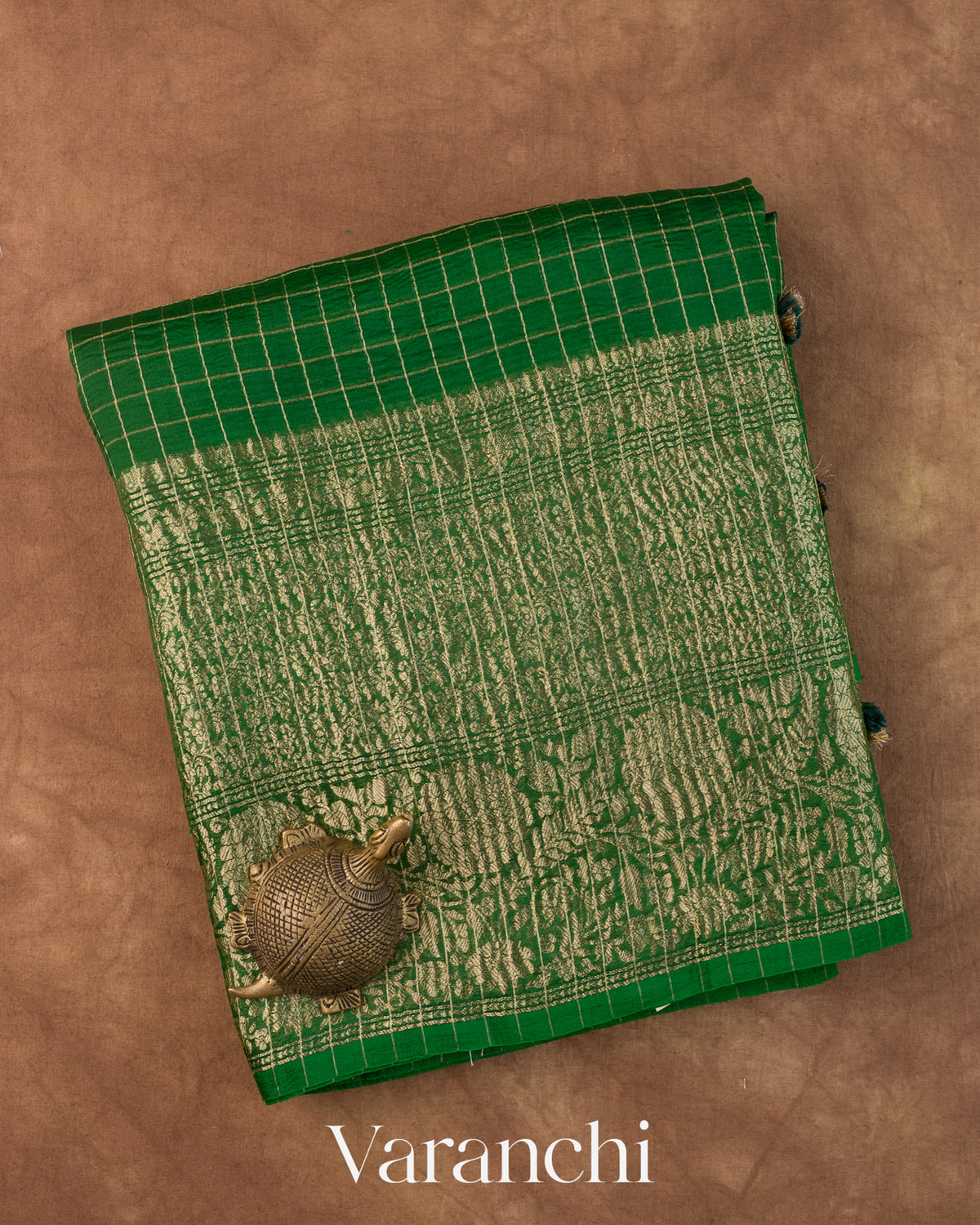 Emerald Green Checkered Pure Kora Silk Saree — Folded