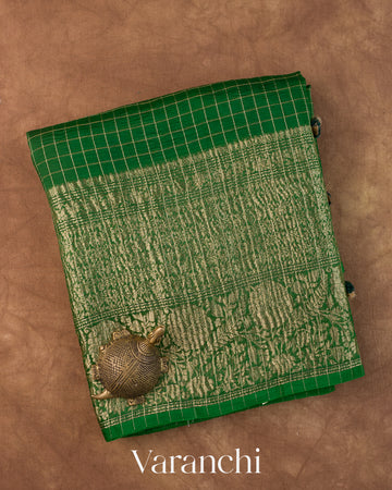 Emerald Green Checkered Pure Kora Silk Saree — Folded