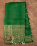 Emerald Green Checkered Pure Kora Silk Saree — Full Saree