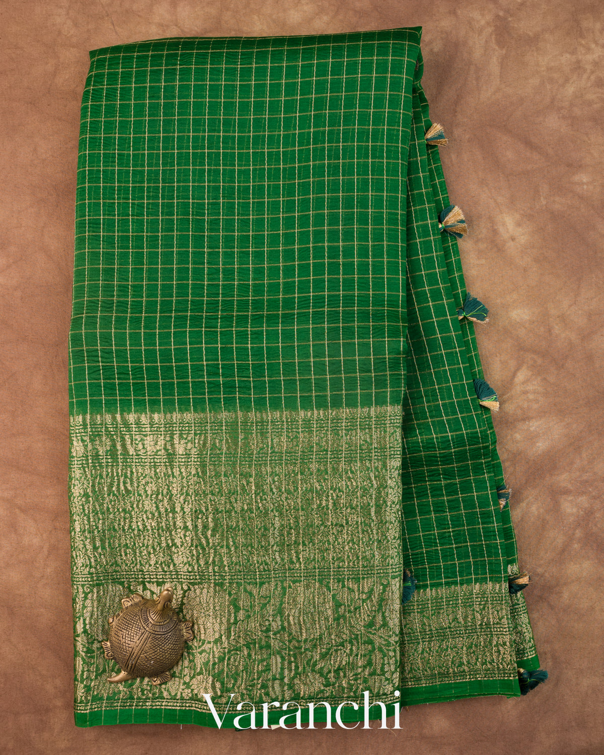 Emerald Green Checkered Pure Kora Silk Saree — Full Saree