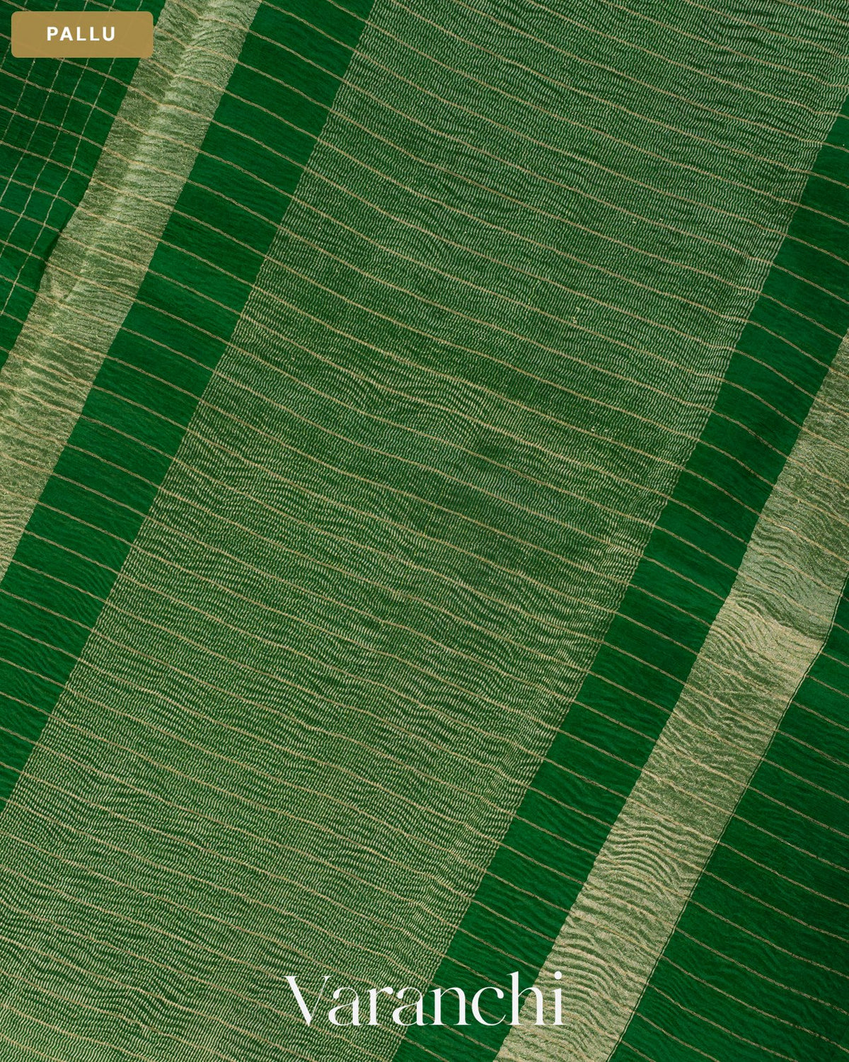 Emerald Green Checkered Pure Kora Silk Saree — Pallu