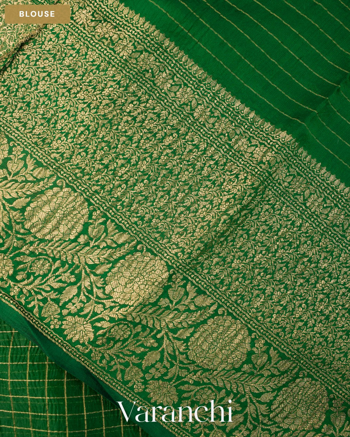 Emerald Green Checkered Pure Kora Silk Saree — Blouse