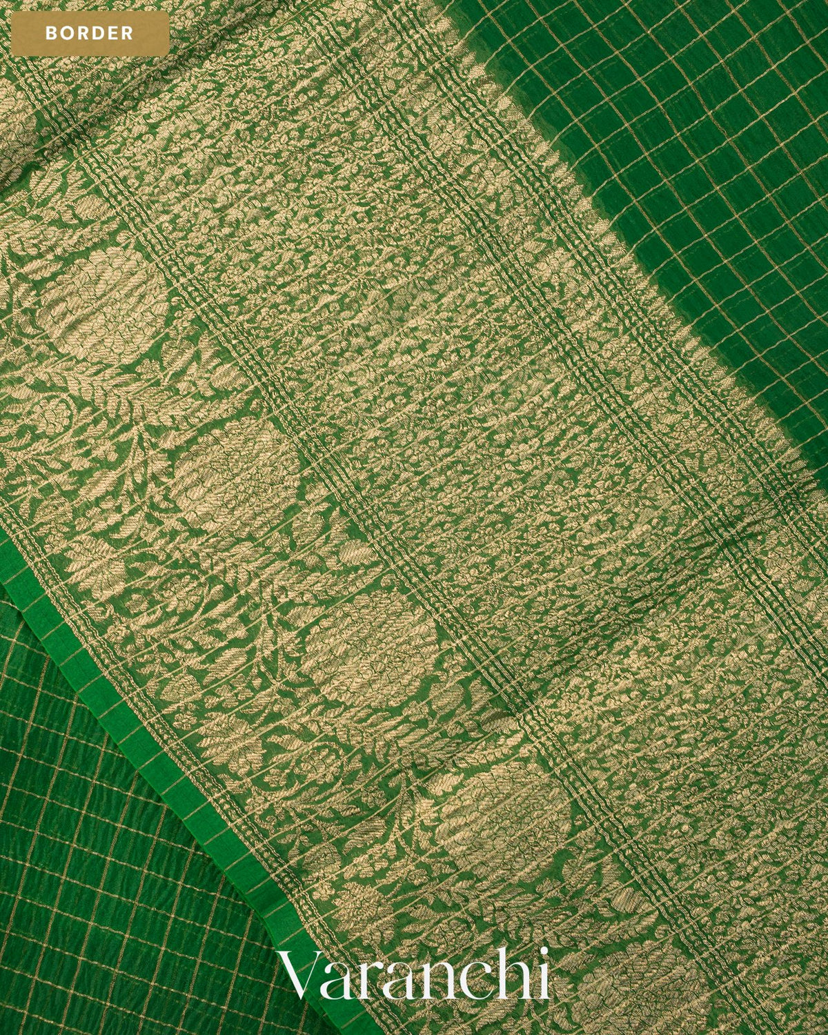 Emerald Green Checkered Pure Kora Silk Saree — Border