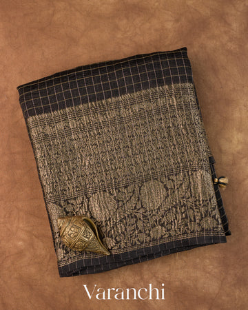 Jet Black Checkered Pure Kora Silk Saree — Folded