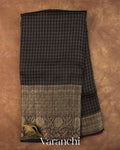 Jet Black Checkered Pure Kora Silk Saree — Full Saree