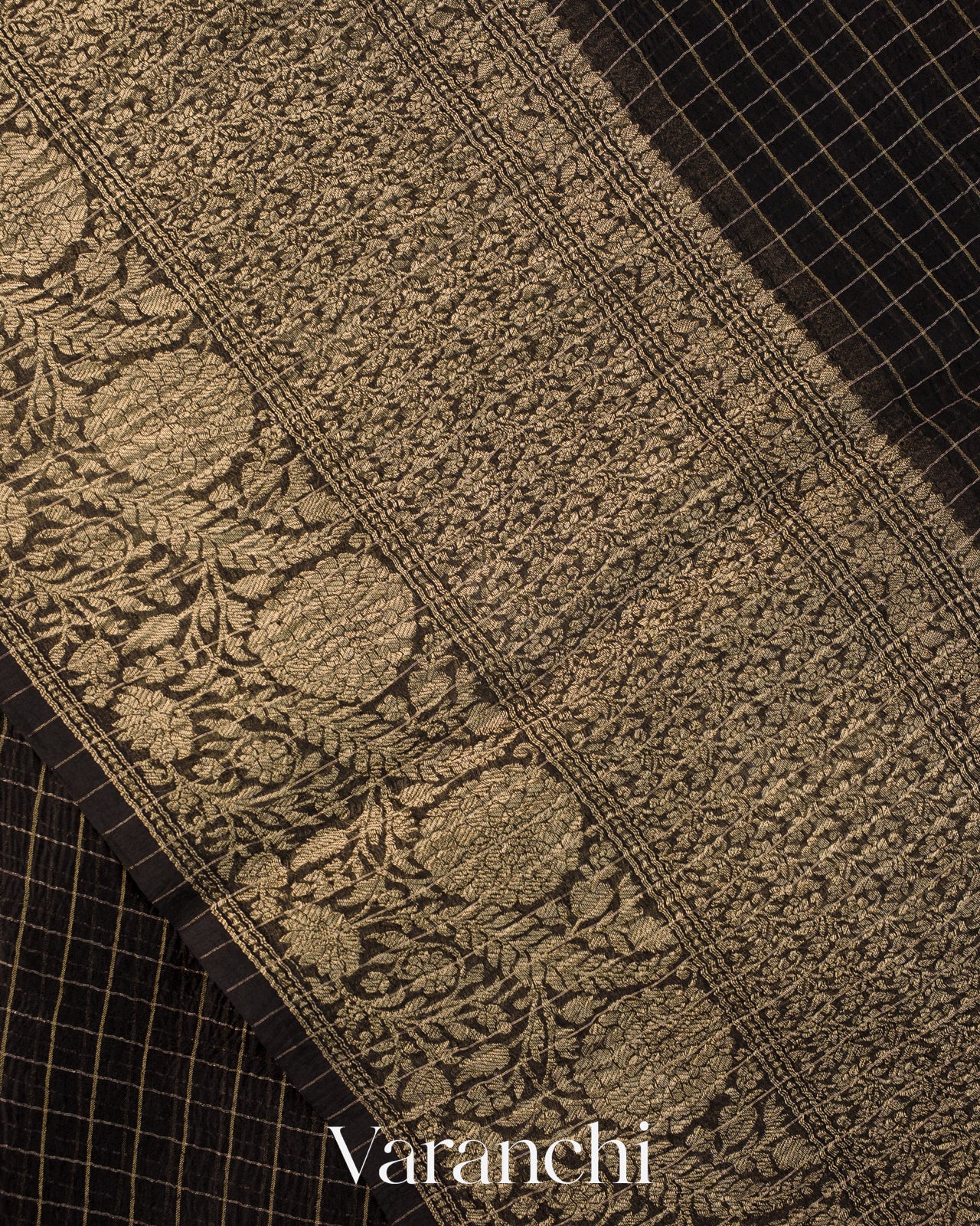 Jet Black Checkered Pure Kora Silk Saree -Border