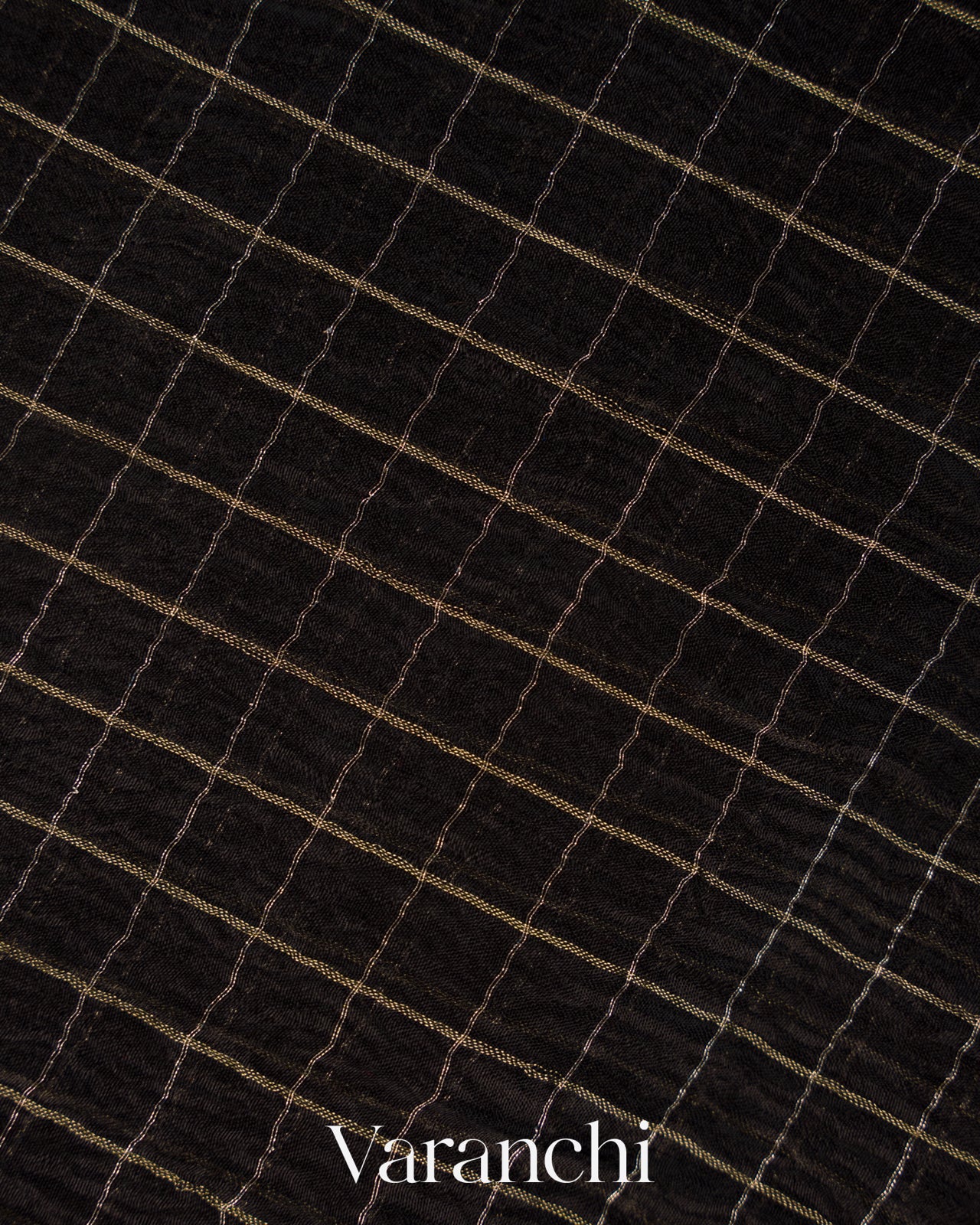 Jet Black Checkered Pure Kora Silk Saree -Body