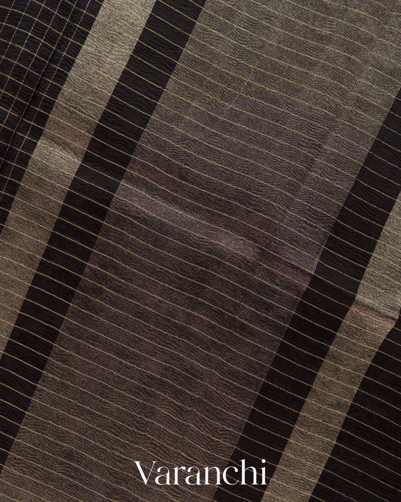 Jet Black Checkered Pure Kora Silk Saree -Pallu