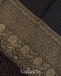 Jet Black Checkered Pure Kora Silk Saree -Blouse