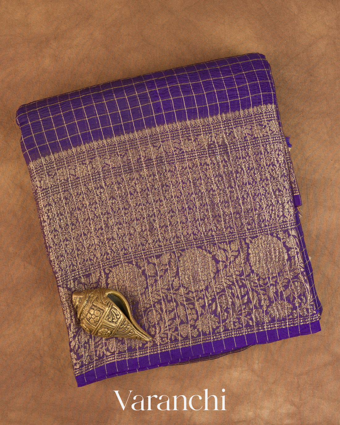 Deep Violet Checkered Pure Kora Silk Saree — Folded