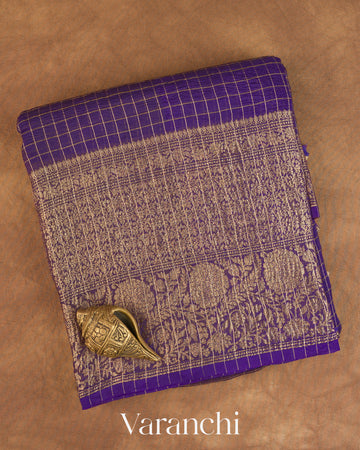 Deep Violet Checkered Pure Kora Silk Saree — Folded