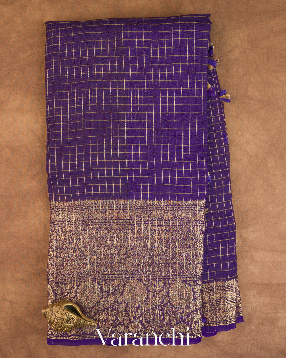 Deep Violet Checkered Pure Kora Silk Saree — Full Saree