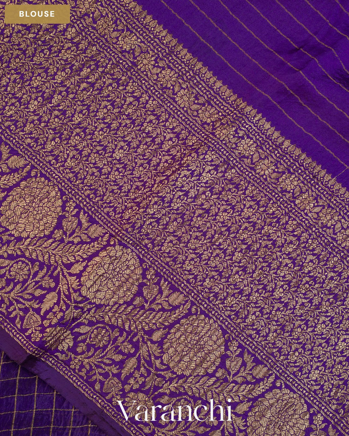 Deep Violet Checkered Pure Kora Silk Saree — Blouse