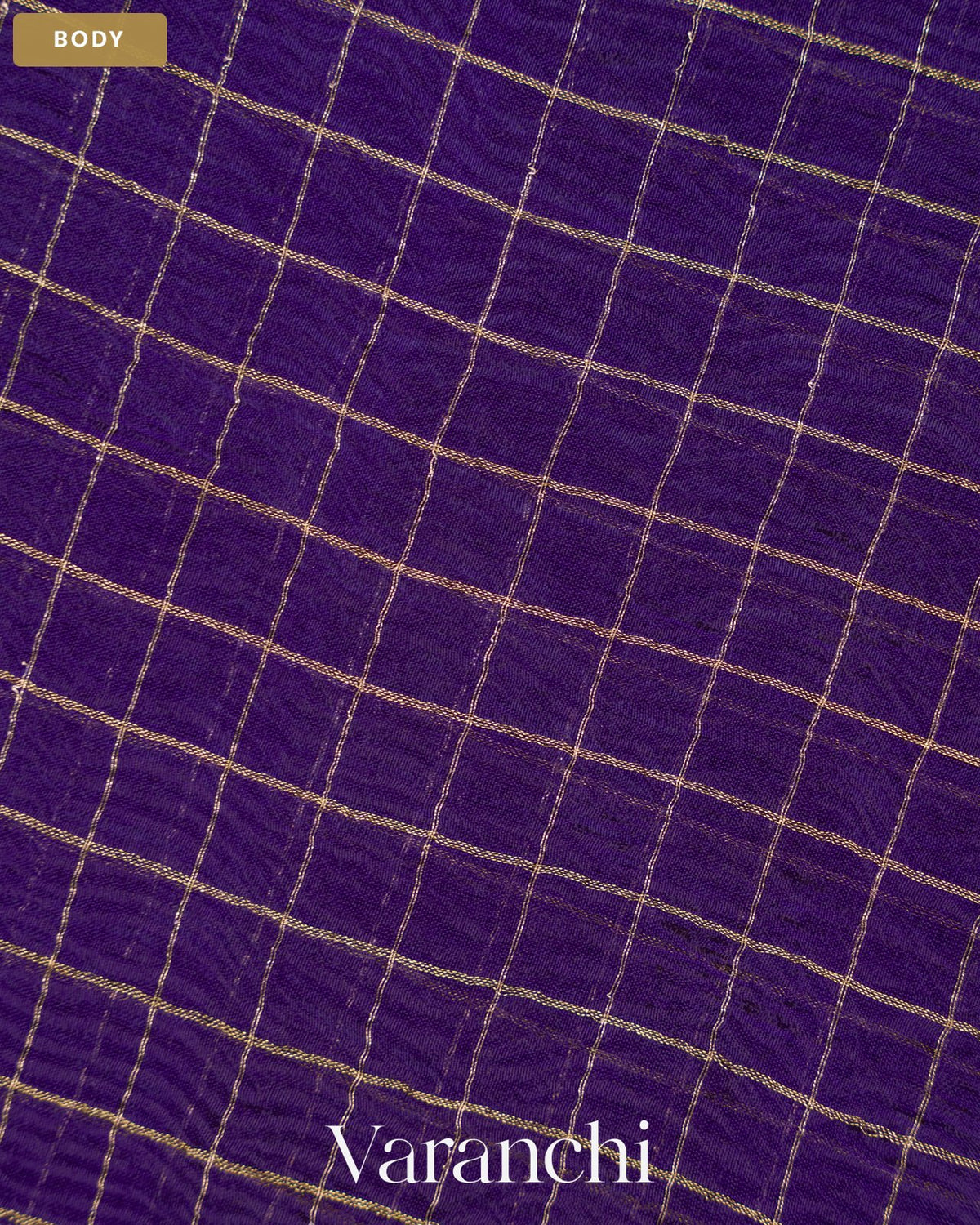 Deep Violet Checkered Pure Kora Silk Saree — Body
