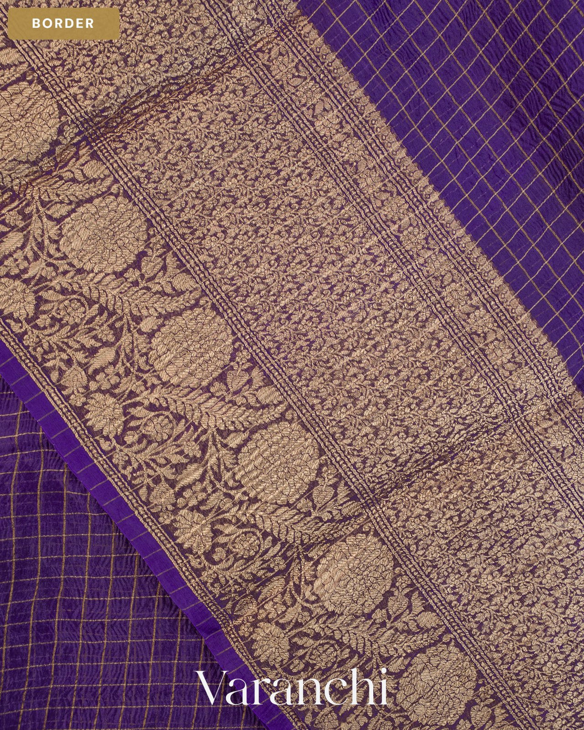 Deep Violet Checkered Pure Kora Silk Saree — Border