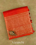 Fire Orange Checkered Pure Crush Kora Silk Saree — Folded