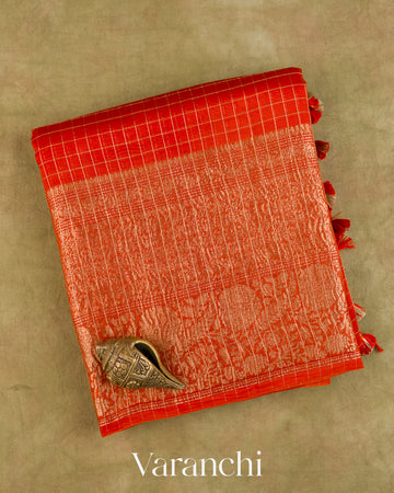 Fire Orange Checkered Pure Crush Kora Silk Saree — Folded