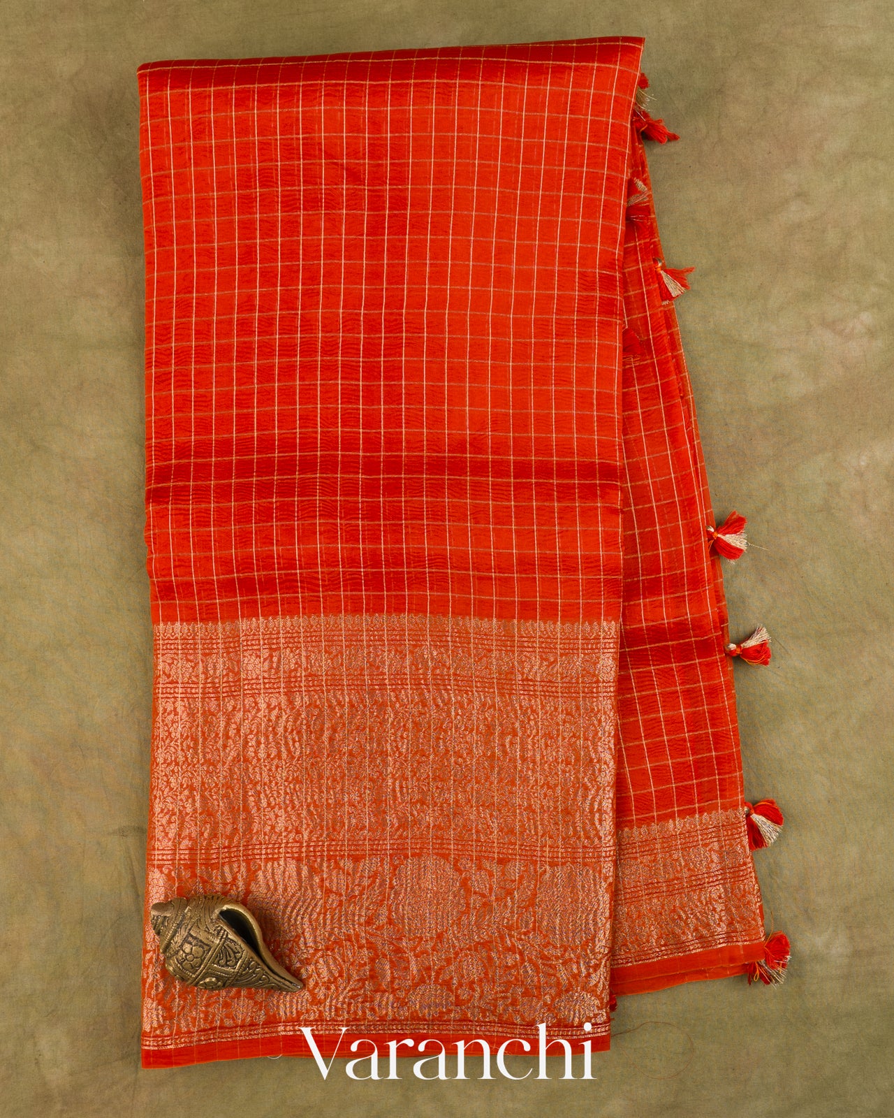 Fire Orange Checkered Pure Crush Kora Silk Saree — Full Saree