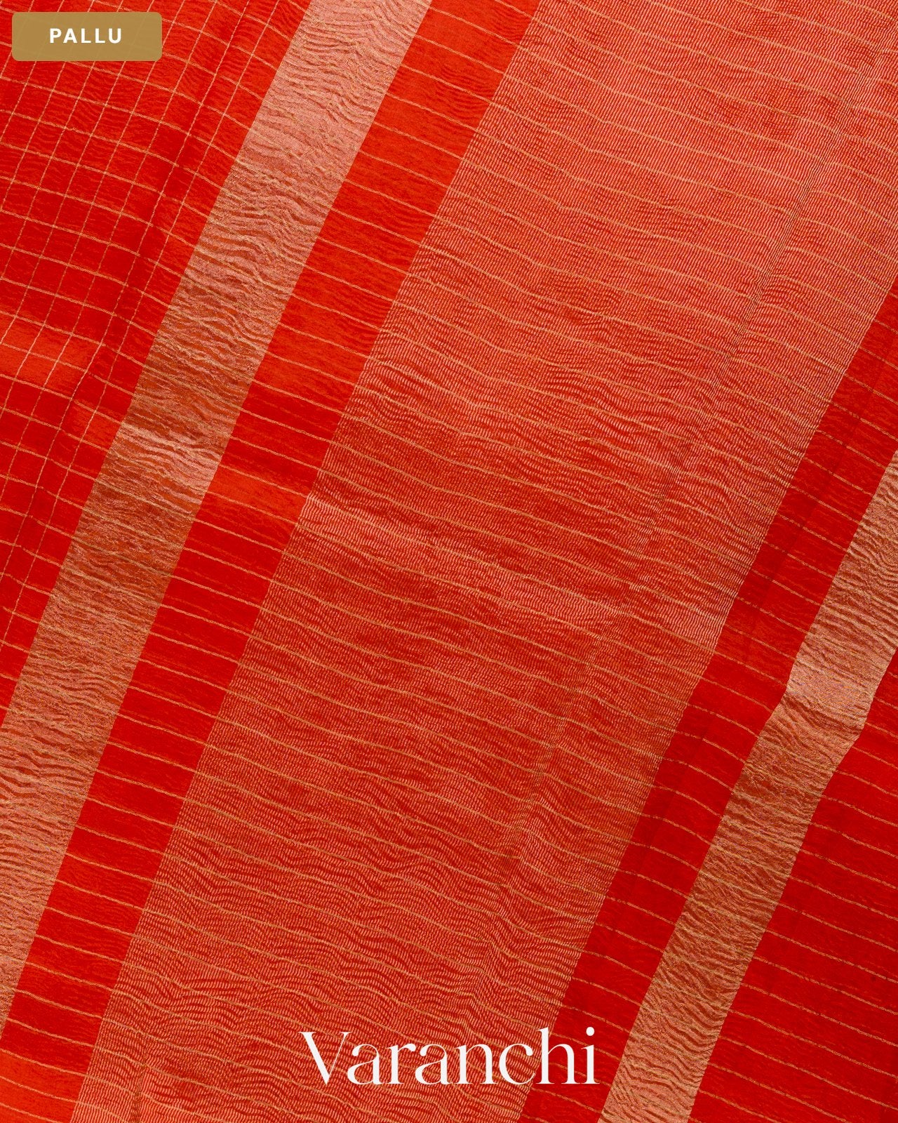 Fire Orange Checkered Pure Crush Kora Silk Saree — Pallu