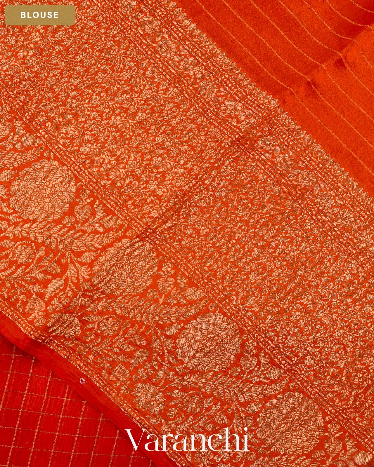 Fire Orange Checkered Pure Crush Kora Silk Saree — Blouse