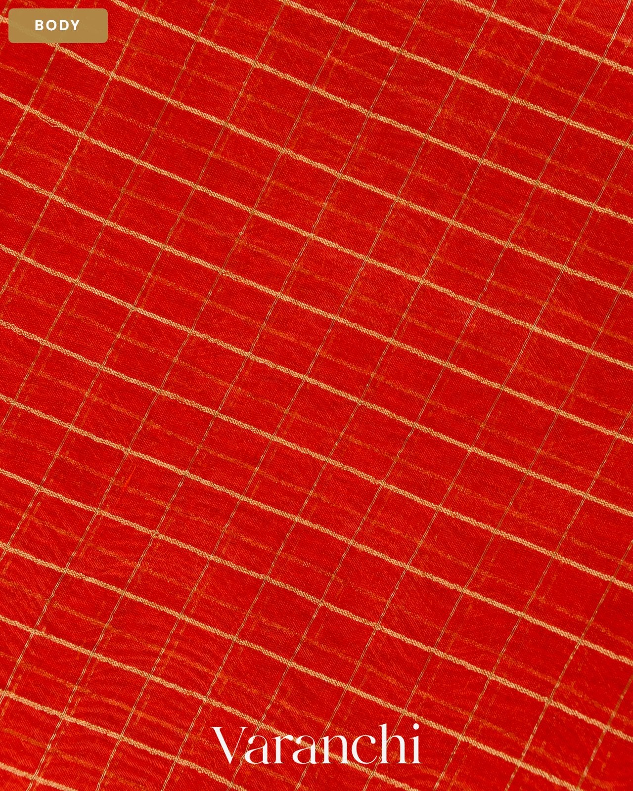 Fire Orange Checkered Pure Crush Kora Silk Saree — Body