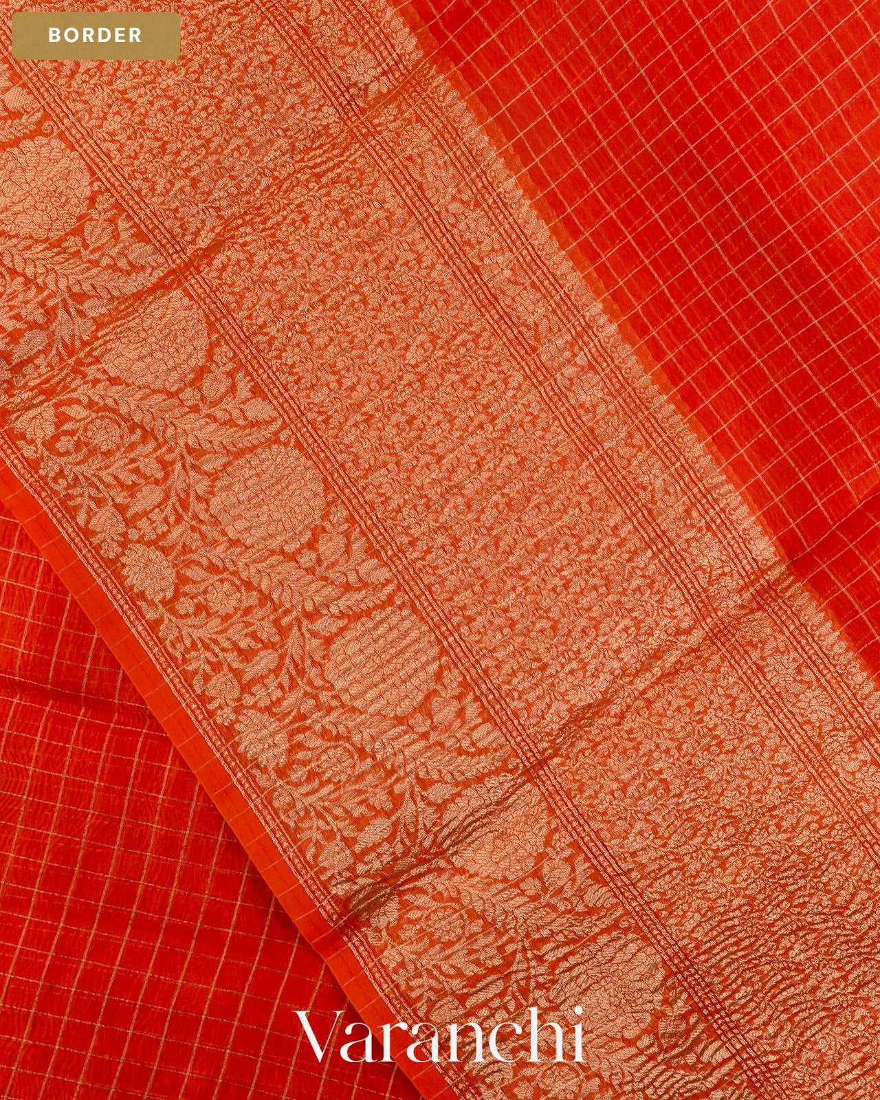 Fire Orange Checkered Pure Crush Kora Silk Saree — Border