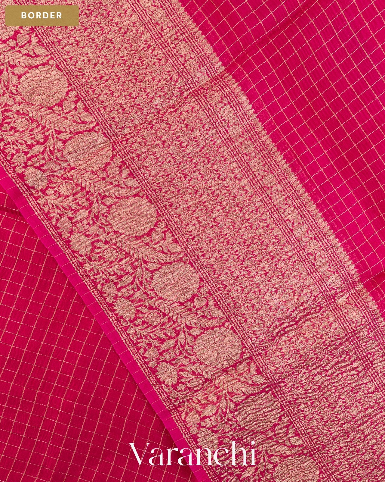Magenta Pink Checkered Pure Crush Kora Silk Saree — Border