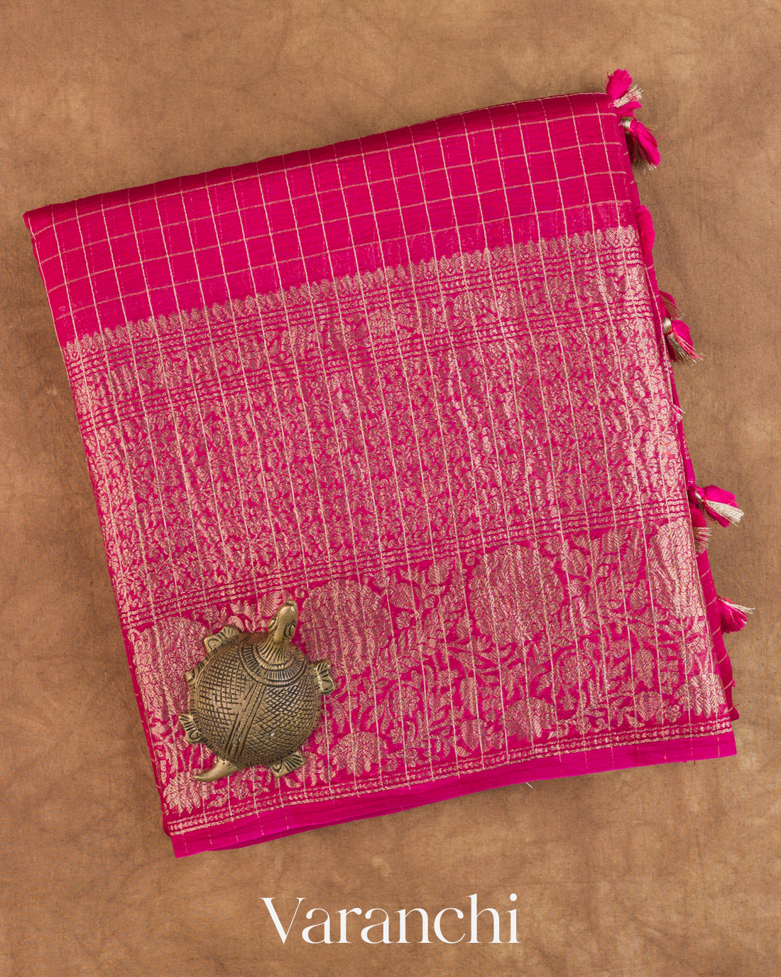 Magenta Pink Checkered Pure Crush Kora Silk Saree — Folded