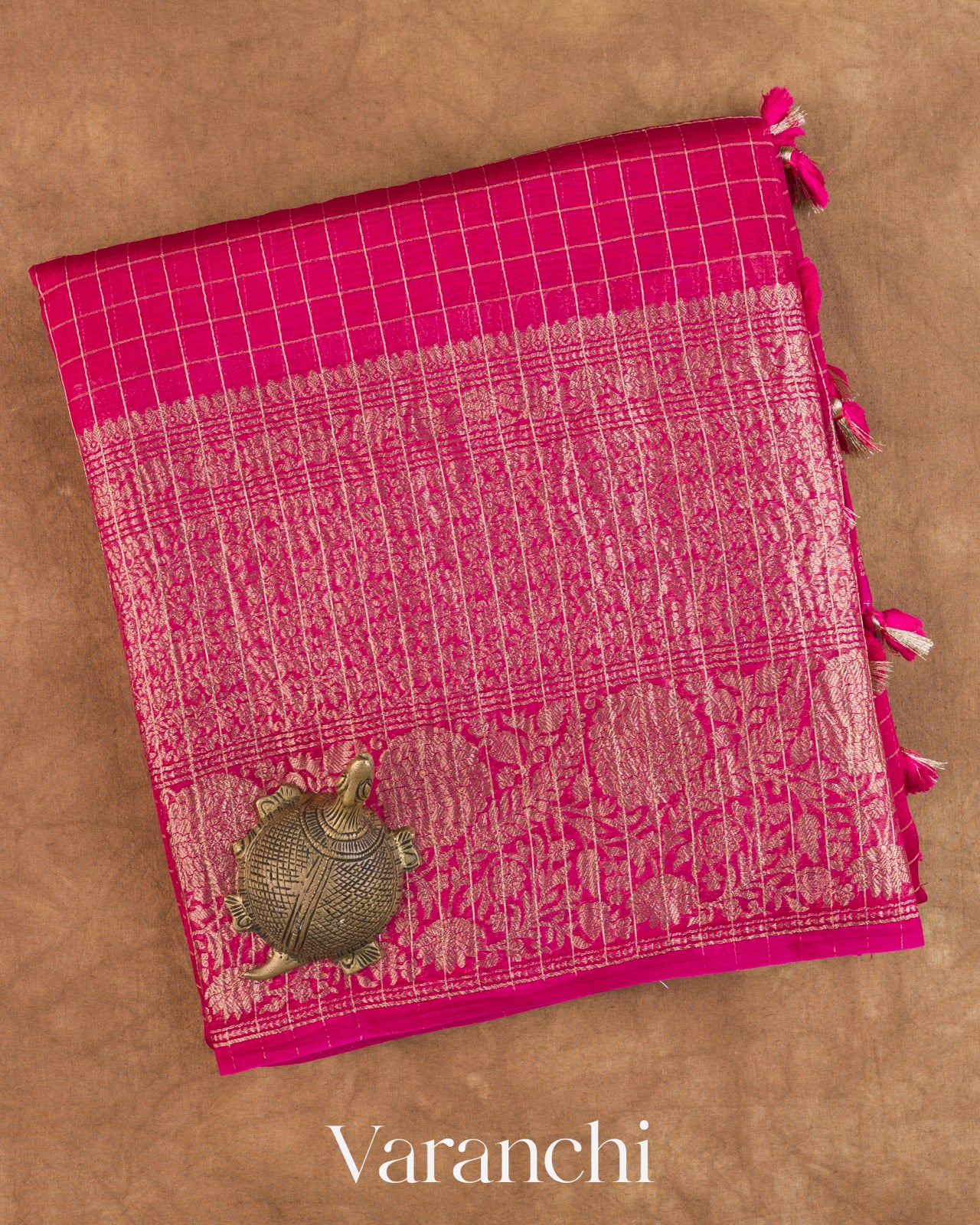 Magenta Pink Checkered Pure Crush Kora Silk Saree — Folded