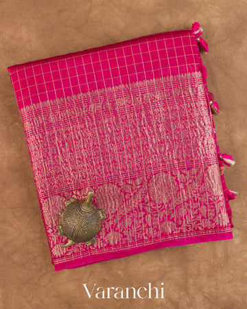 Magenta Pink Checkered Pure Crush Kora Silk Saree — Folded