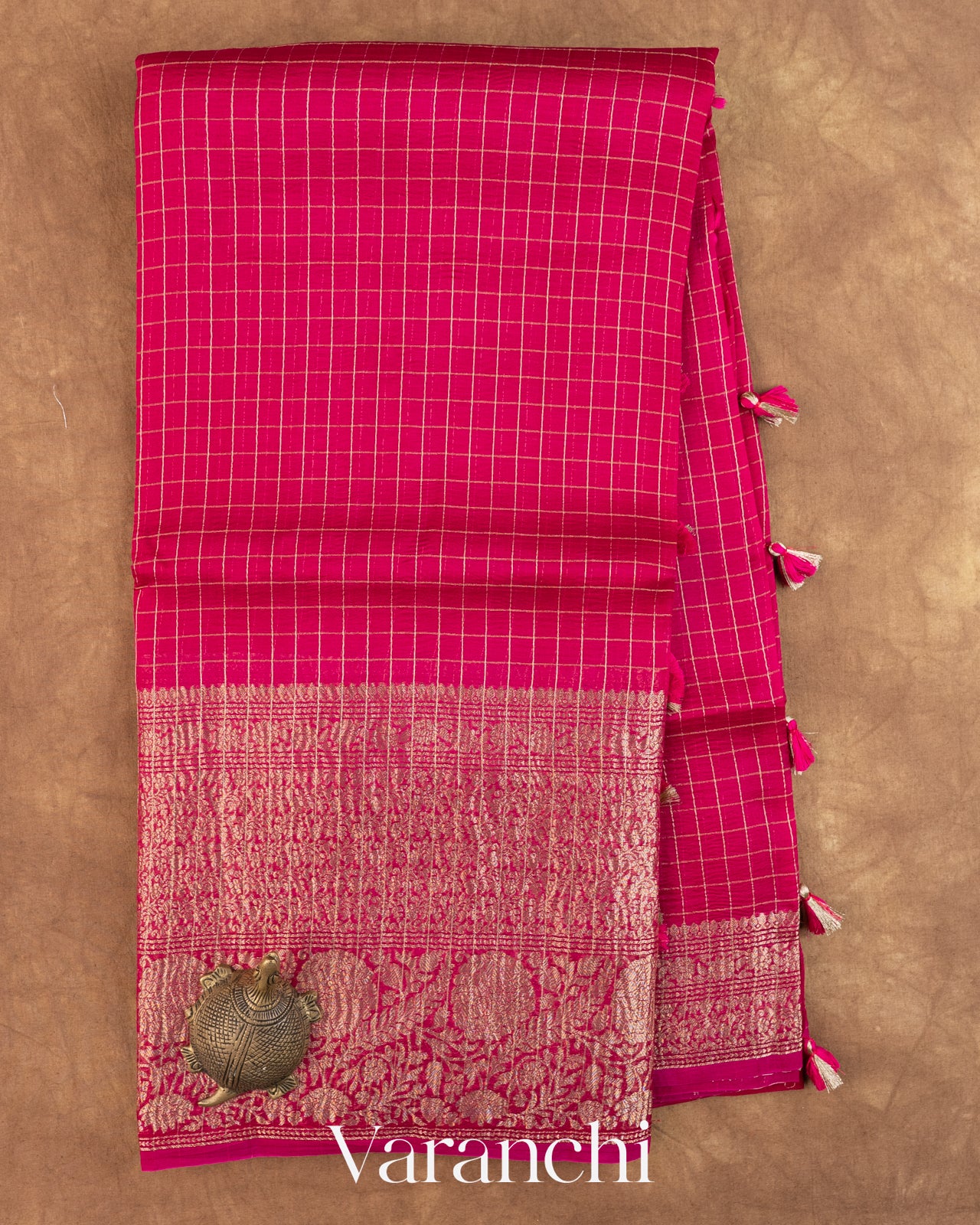 Magenta Pink Checkered Pure Crush Kora Silk Saree — Full Saree