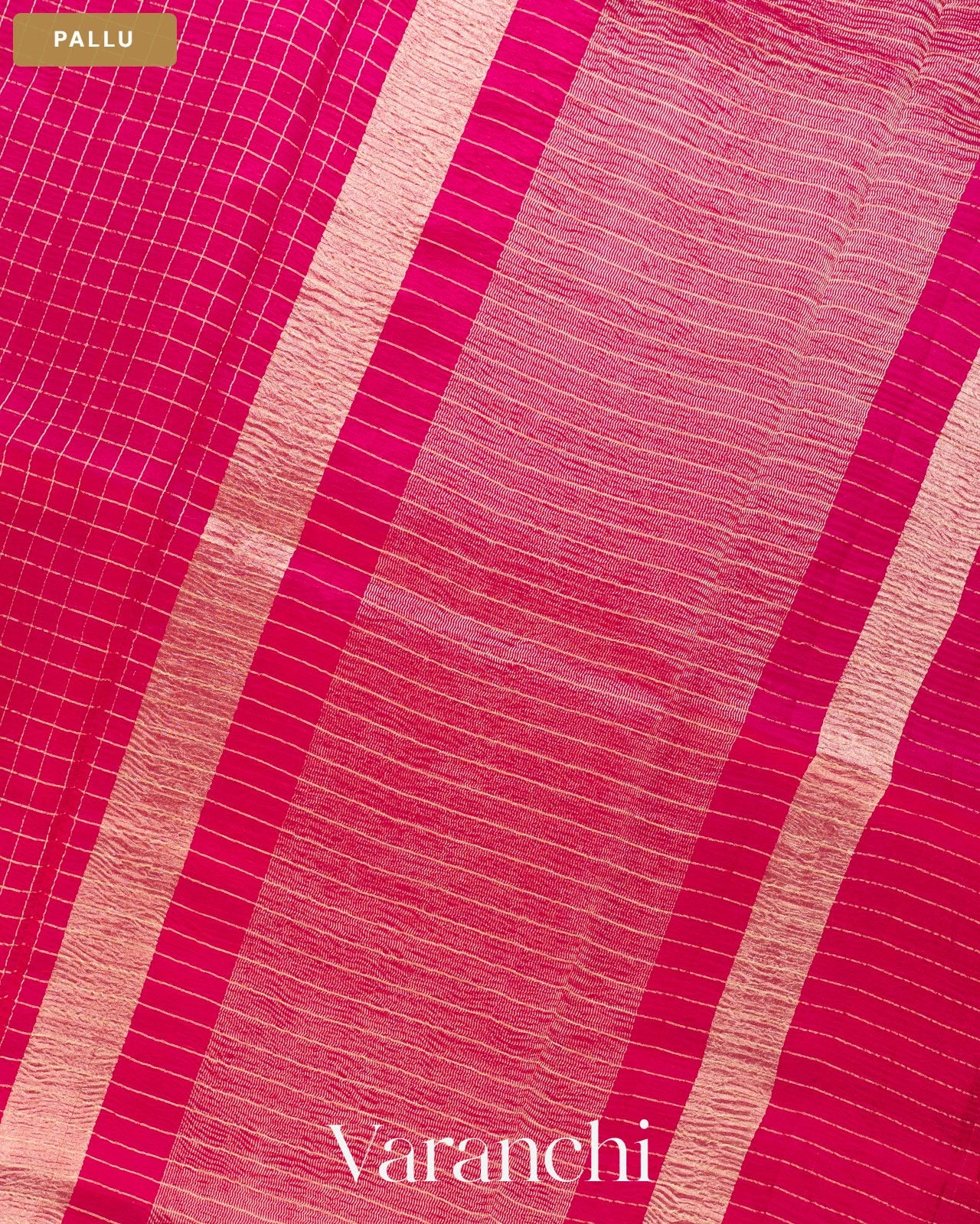 Magenta Pink Checkered Pure Crush Kora Silk Saree — Pallu