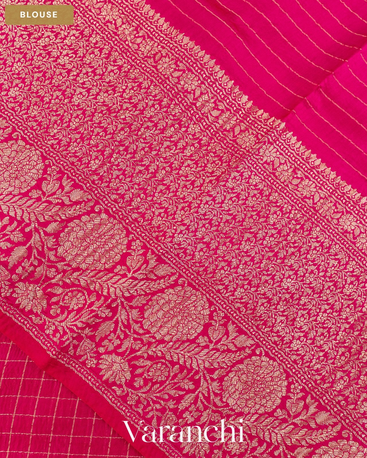 Magenta Pink Checkered Pure Crush Kora Silk Saree — Blouse