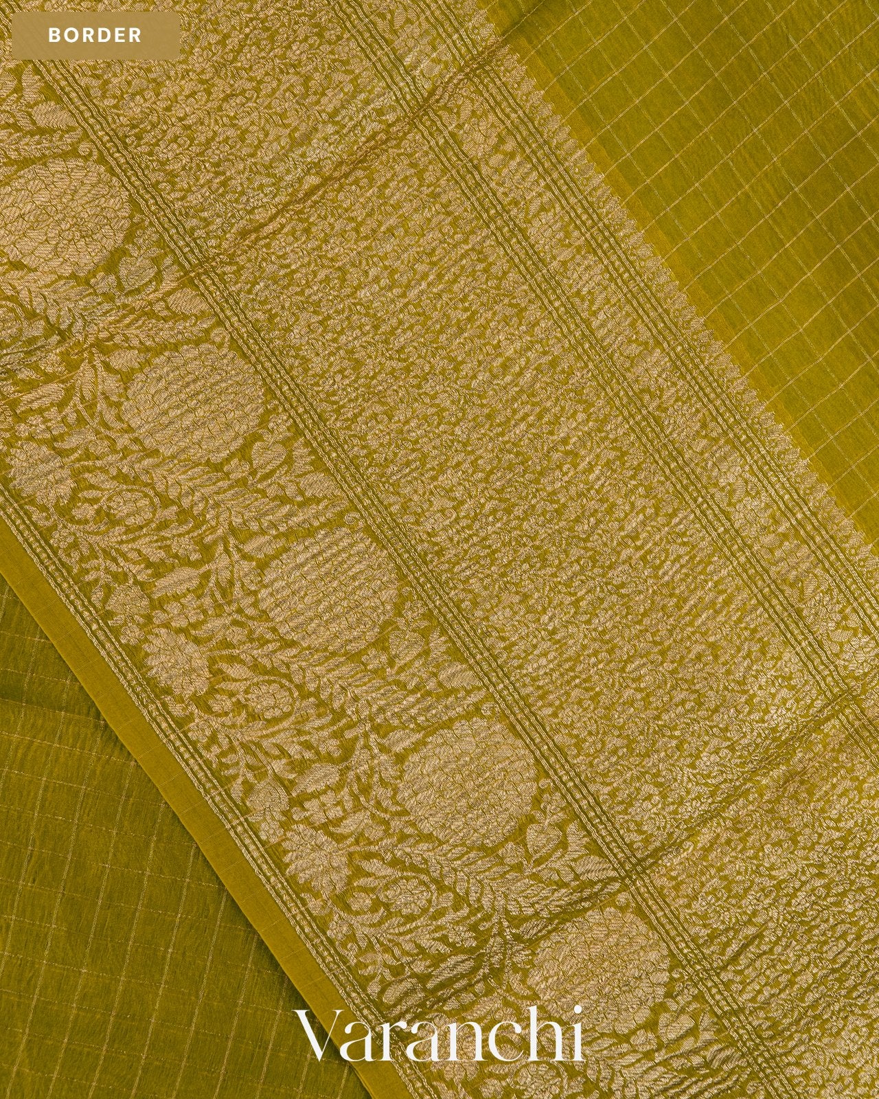 Olive Green Checkered Pure Crush Kora Silk Saree — Border
