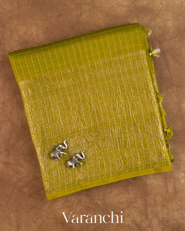Olive Green Checkered Pure Crush Kora Silk Saree — Folded