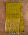 Olive Green Checkered Pure Crush Kora Silk Saree — Full Saree