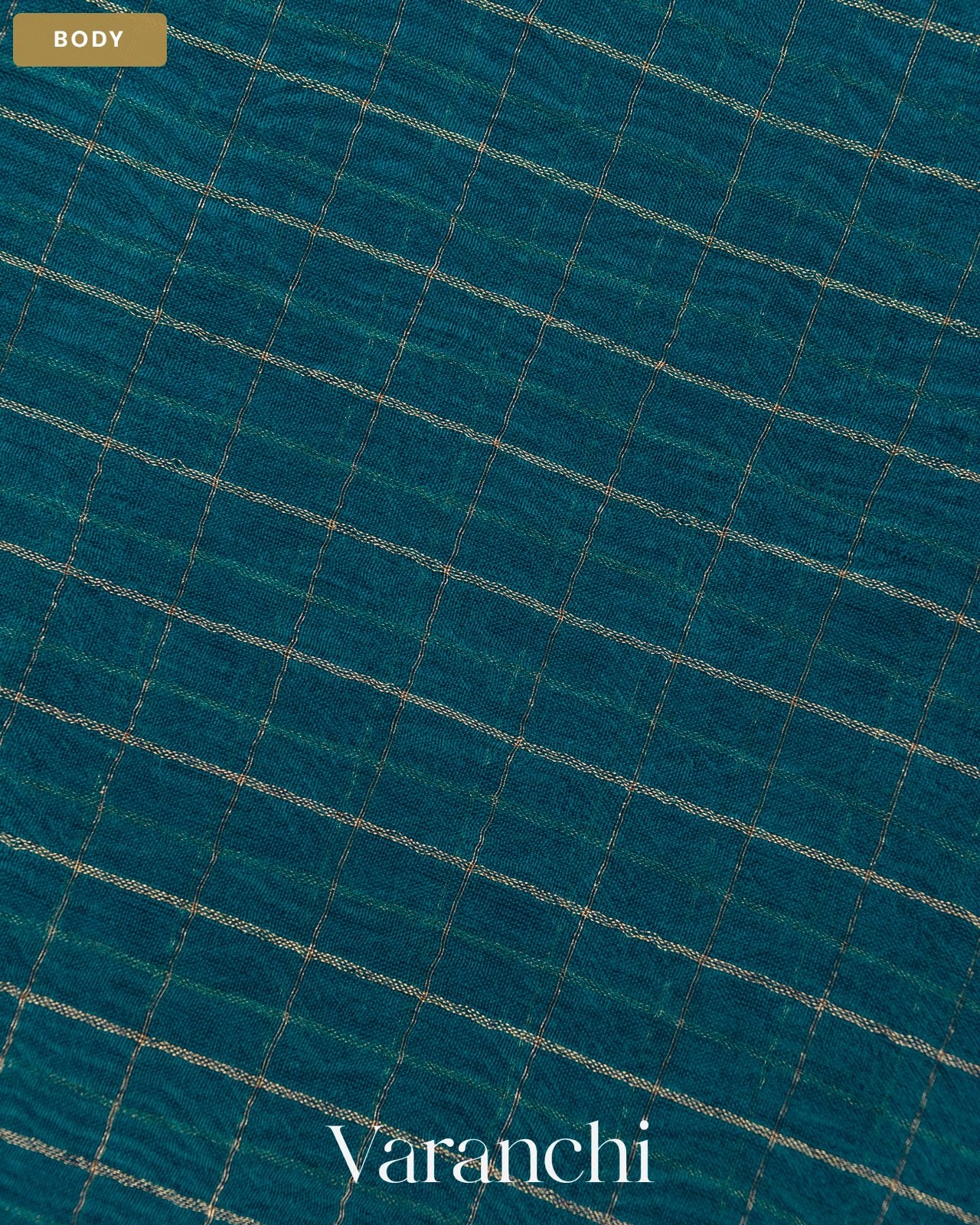 Peacocok Blue Checkered Pure Crush Kora Silk Saree — Body