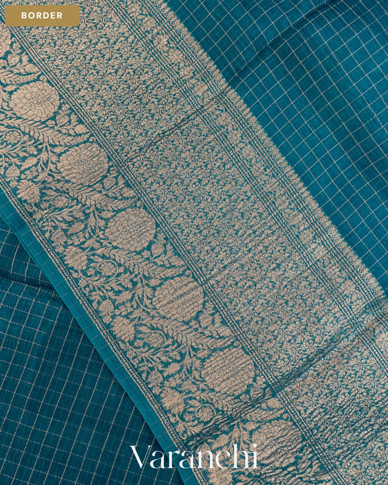 Peacocok Blue Checkered Pure Crush Kora Silk Saree — Border