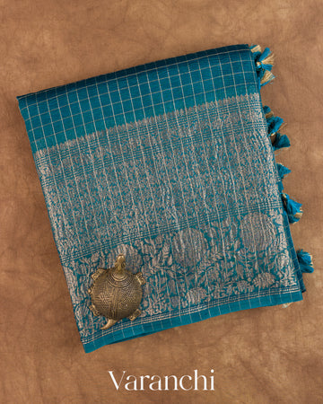Peacocok Blue Checkered Pure Crush Kora Silk Saree — Folded