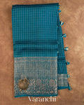 Peacocok Blue Checkered Pure Crush Kora Silk Saree — Full Saree