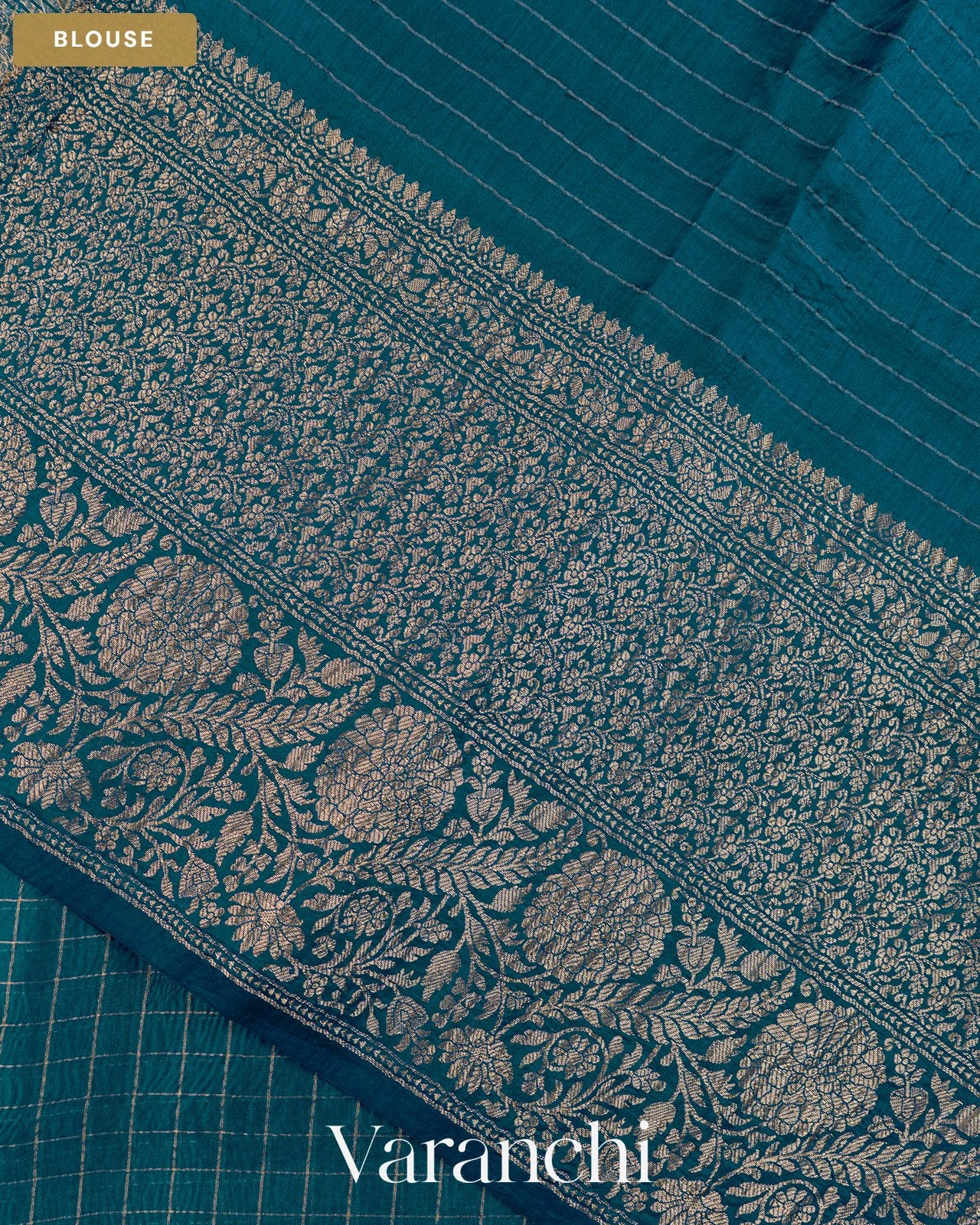 Peacocok Blue Checkered Pure Crush Kora Silk Saree — Blouse
